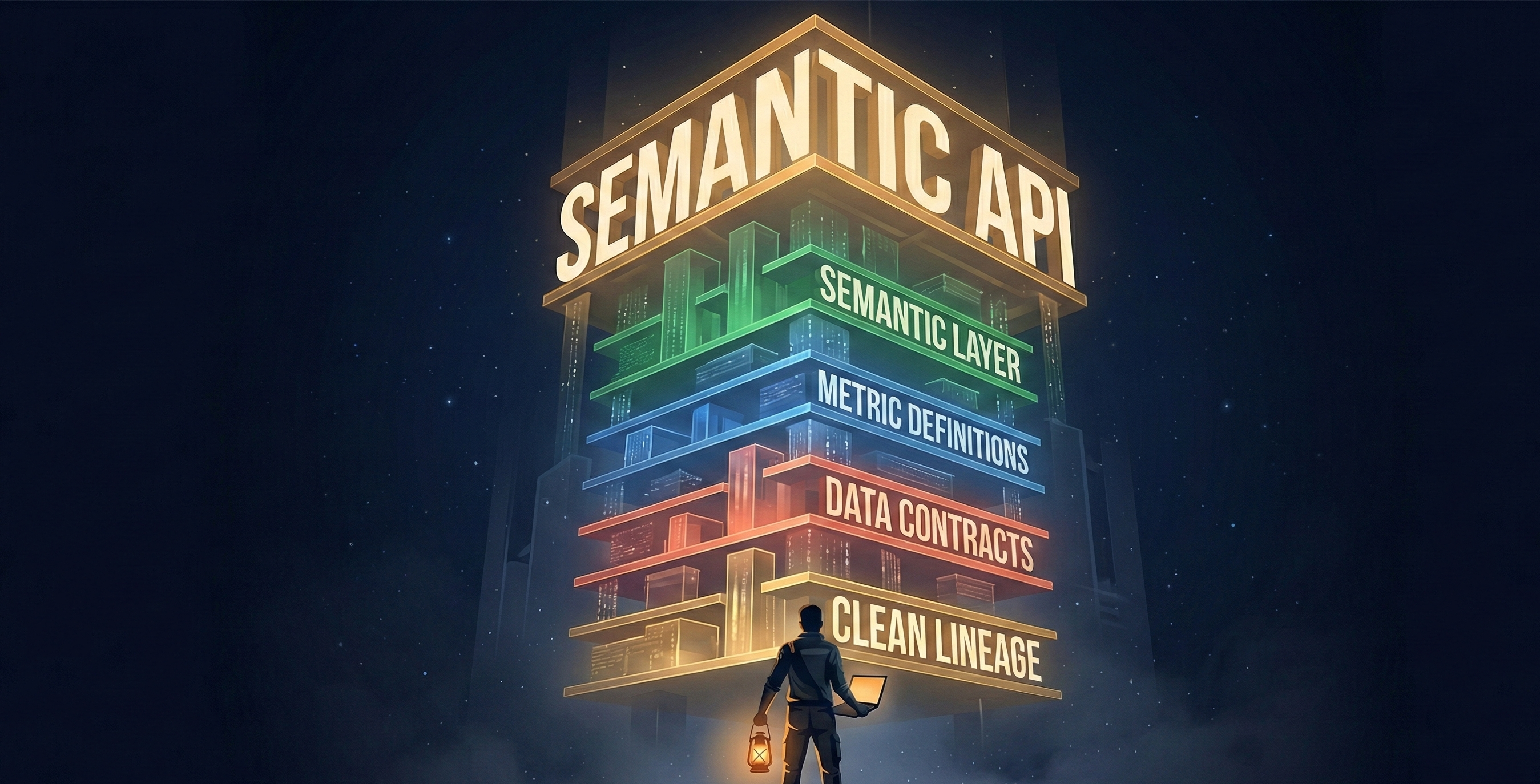 Illustration of a small character facing a towering Semantic API boss