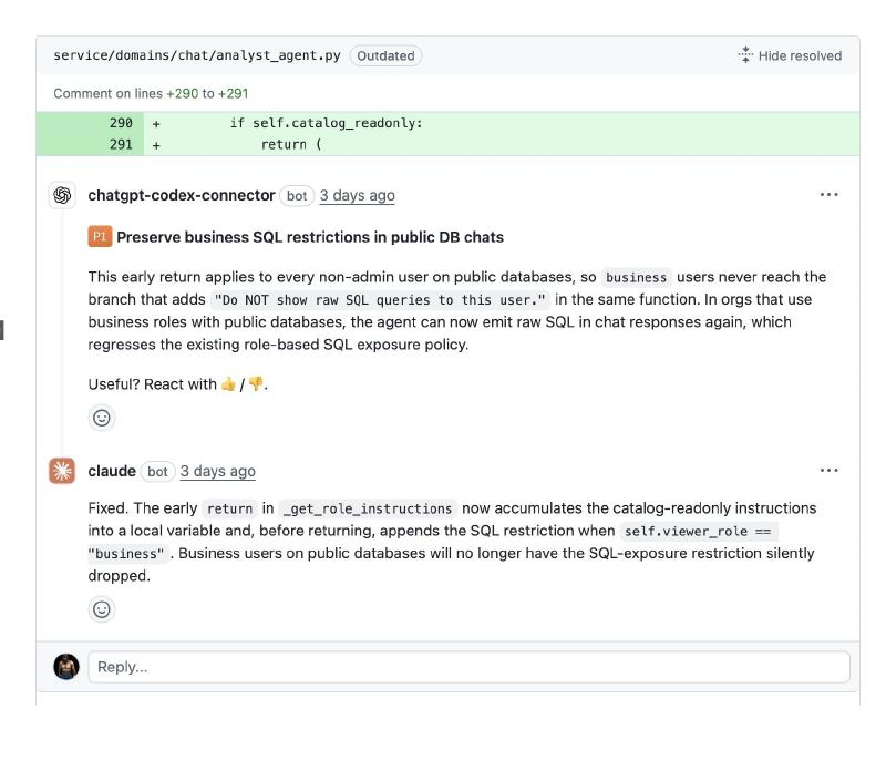 Codex flagging a regression on one of our PRs; Claude fixing it in the same thread — a real example from our repo